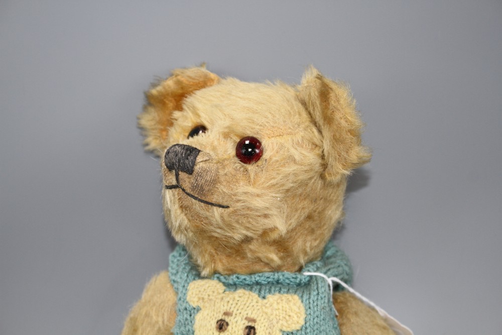 An Omega bear c.1950s, 16in., rexine pads, general hair loss